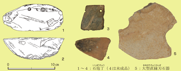 市内で見つかった石包丁と大型直縁刃石器